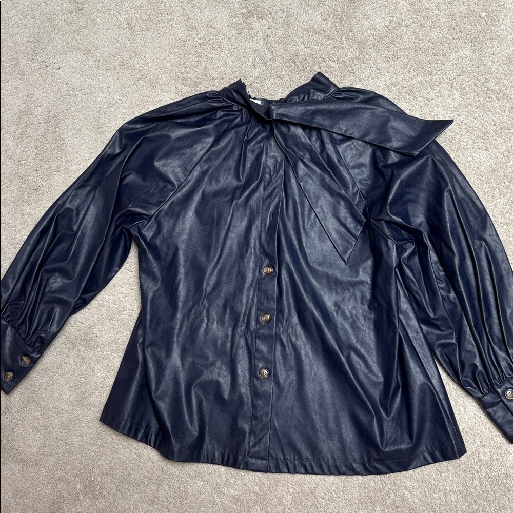 Navy Puff-Sleeve Faux Leather Women's Top